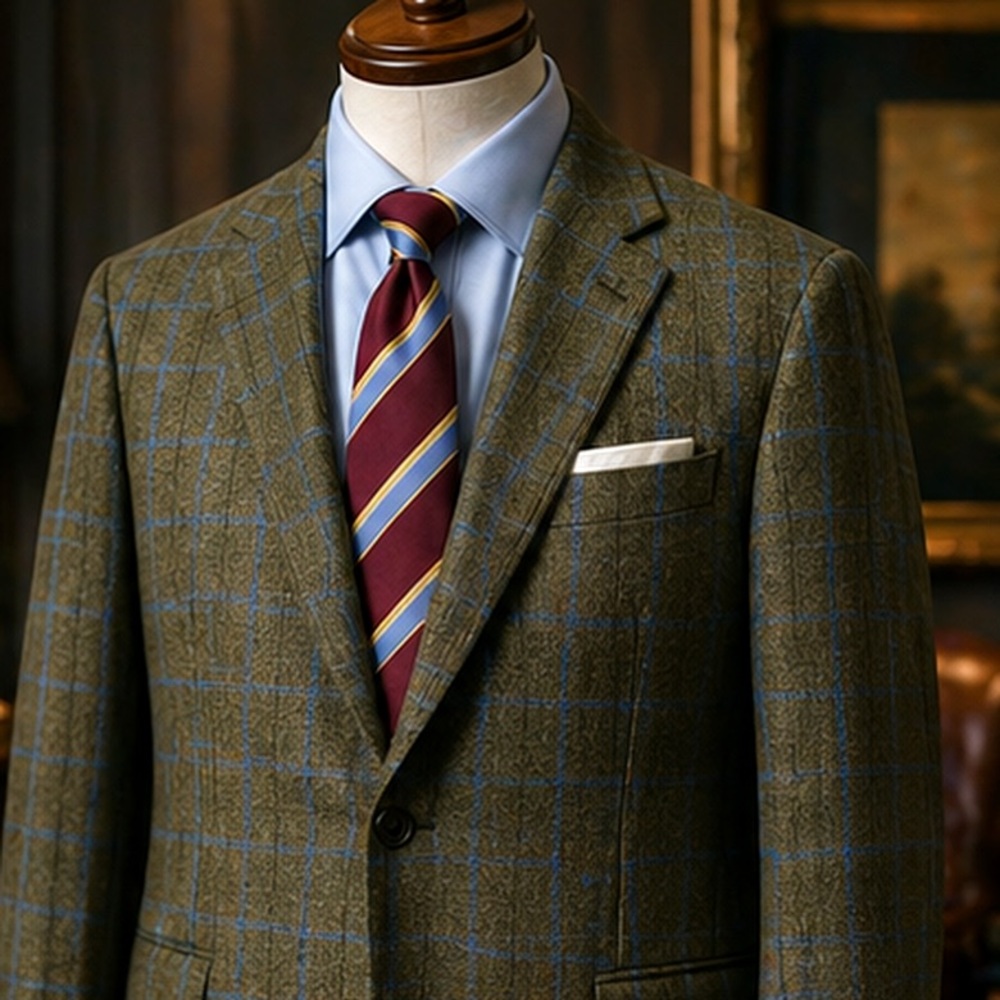 Belvest Olive Windowpane Sport Coat with Coordinating Brown Pleated Trousers